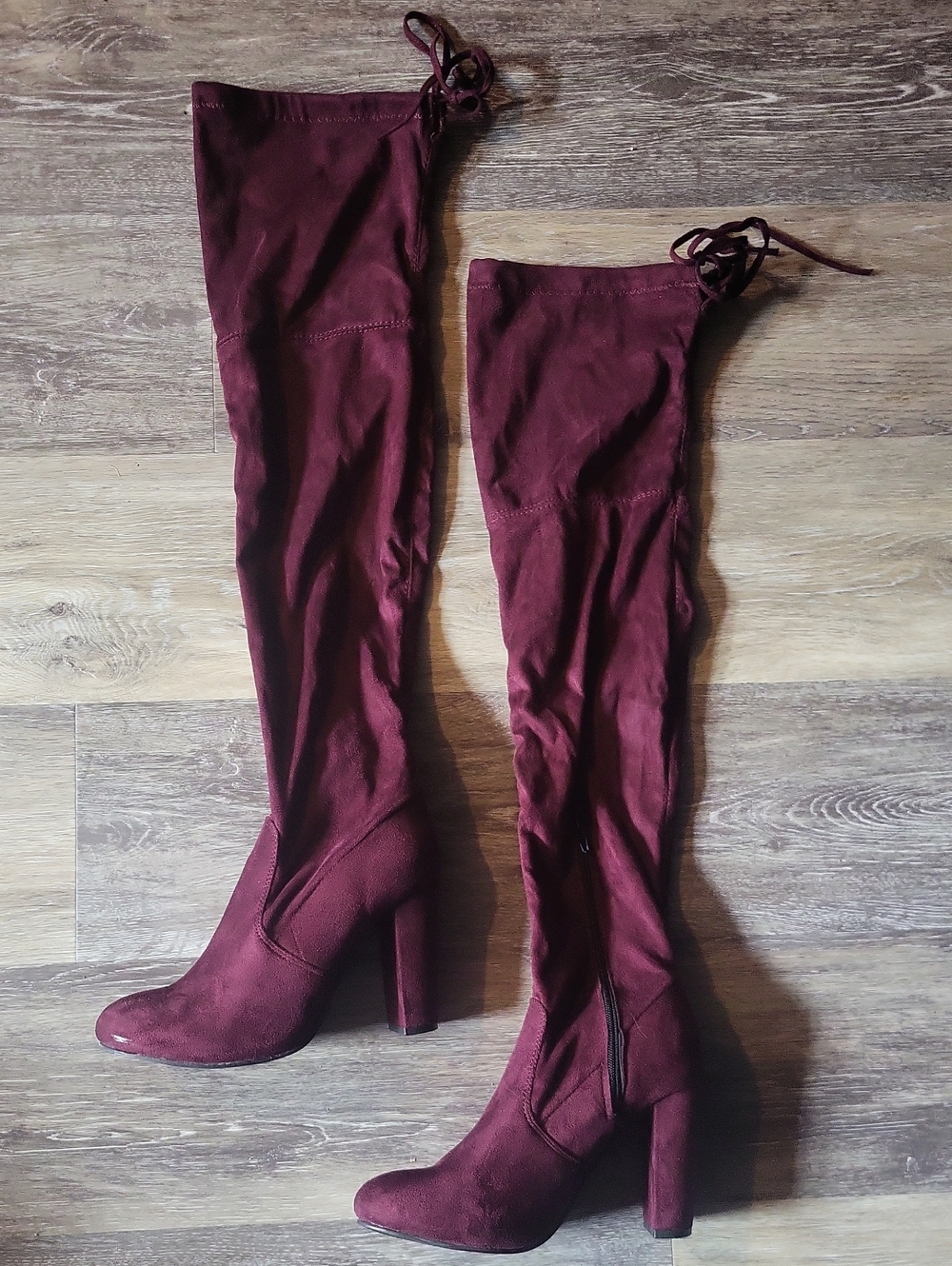 Sexy Faux Suede Berry Purple Thigh High Heel Boots - Half Zip Tie Back Clozure - Picture 2 of 3